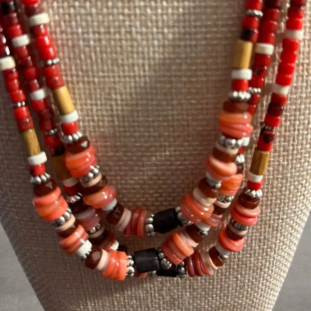 Free People Red Multi Strand Beaded Layered Necklace NWT